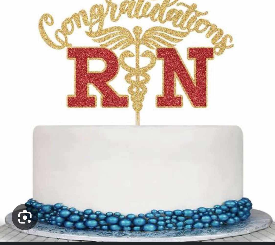 Nurse Graduation 1 Tier - white, blue theme with Congratulations RN topper with caduceus symbol and blue plastic balls aro...
