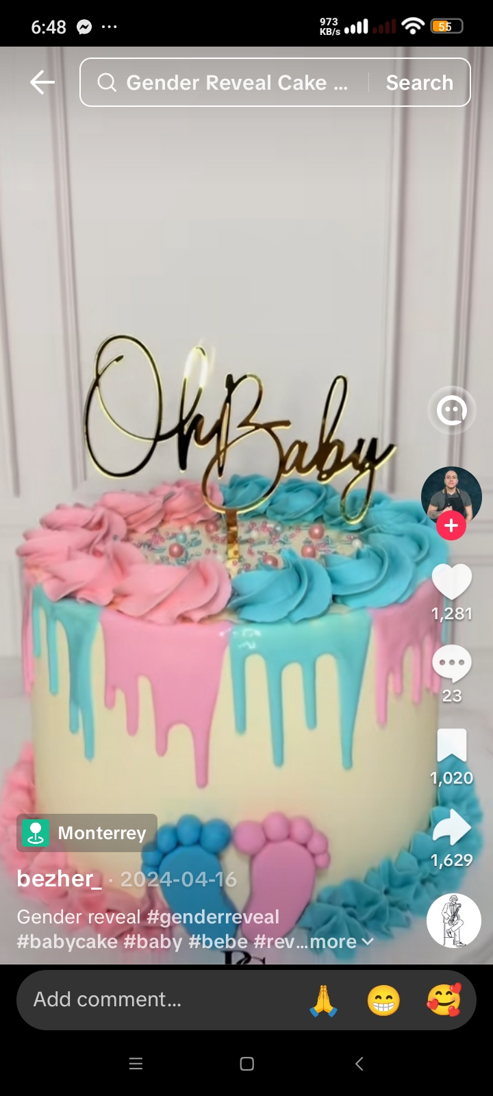 Gender Reveal 1 Tier - pink, blue, red theme with Oh Baby topper and pink icing swirls on top