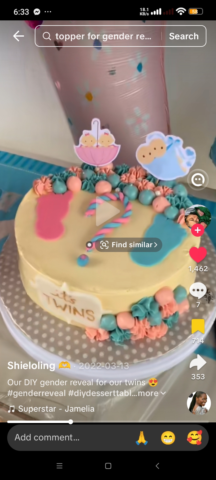 Gender Reveal Twins 1 Tier - blue, pink, teal theme with two babies under umbrella and pink icing swirls