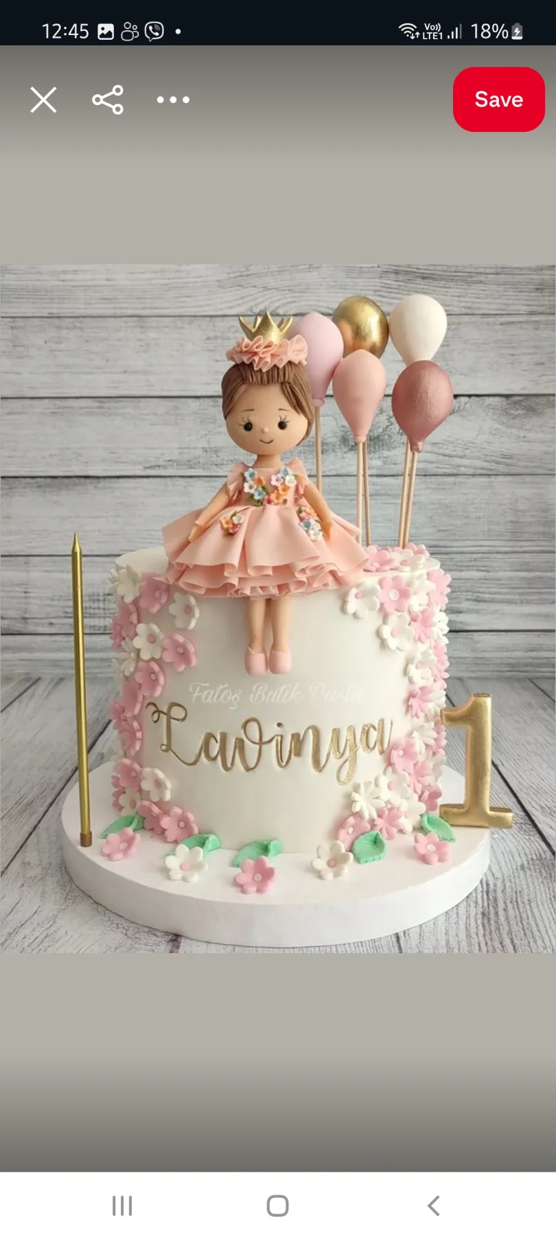 Princess Floral 1 Tier Fondant - gold, pink, white theme with princess doll topper and small pink and white flowers