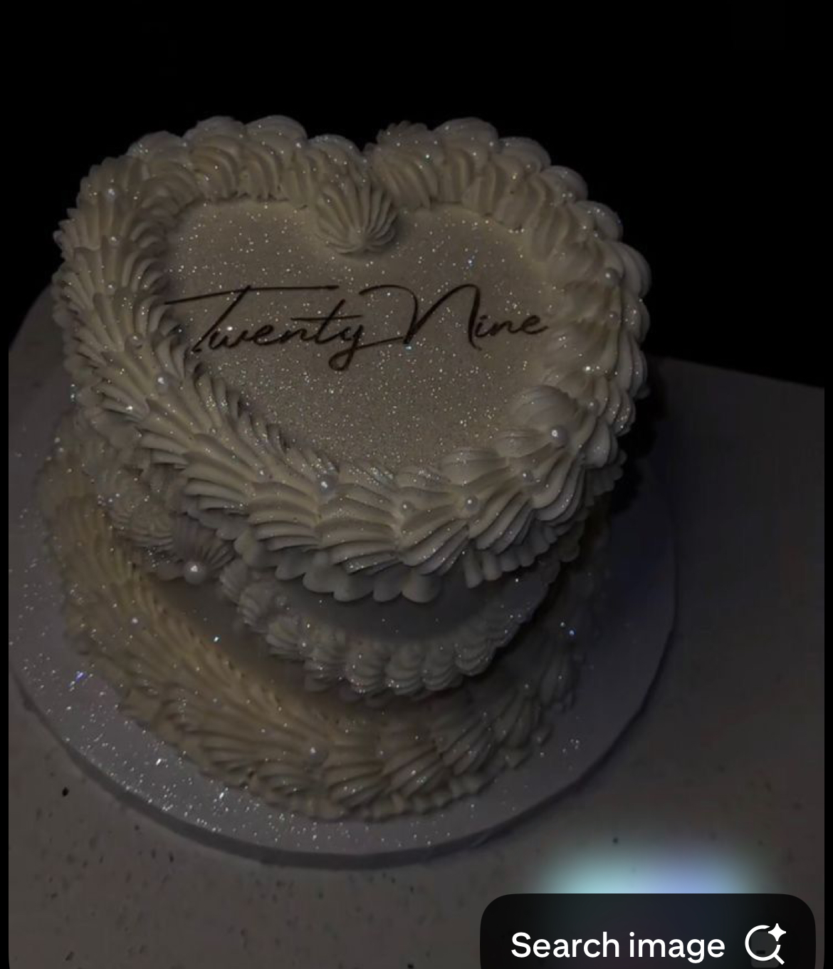 twenty nine heart cake 1 Tier - white theme with Twenty Nine text and piped icing swirls