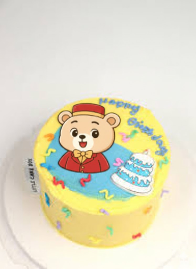 bear birthday 1 Tier - blue theme with bear character and colorful icing squiggles