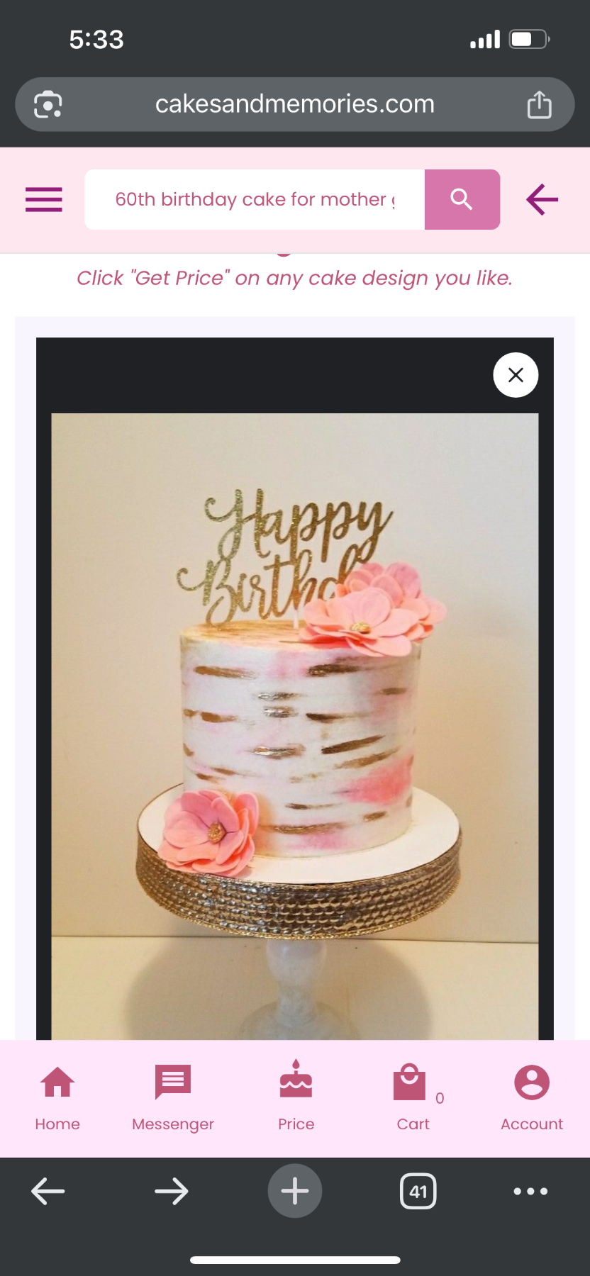 pink gold floral 1 Tier - pink, gold theme with Happy Birthday topper and pink flowers