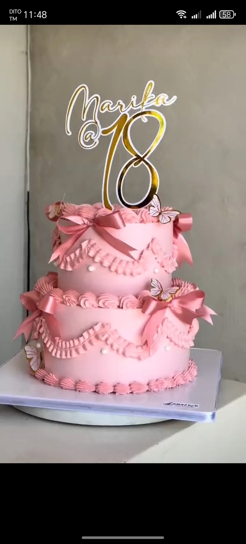 pink butterfly 18th 2 Tier - pink, gold, white theme with gold name and age topper and pink and white butterflies