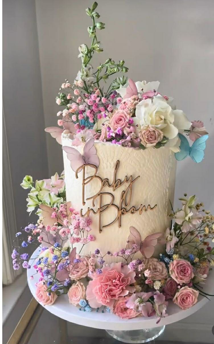 baby in bloom 1 Tier - red, ivory, pink theme with Baby in Bloom text and butterflies