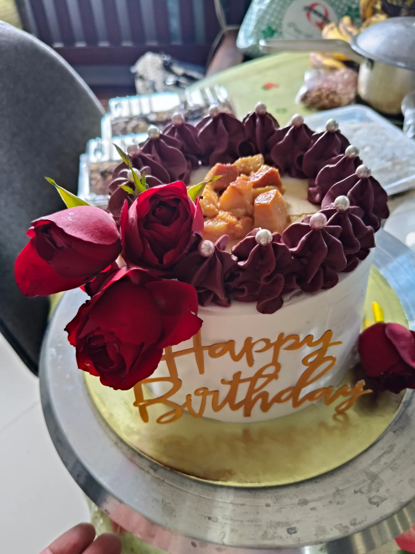 floral birthday 1 Tier - white, red, dark theme with Happy Birthday topper and dark red roses