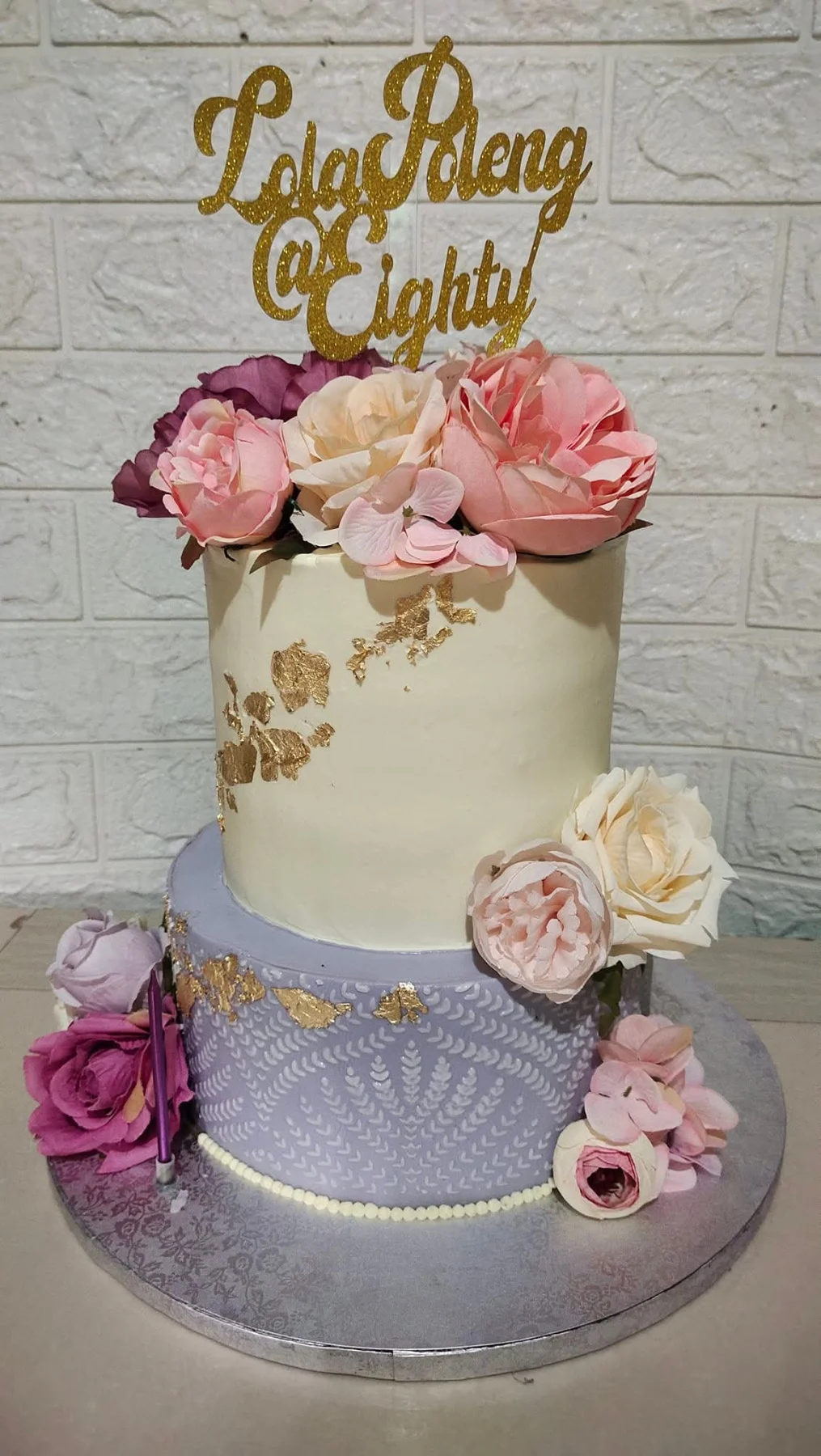 floral senior 2 Tier - ivory, lavender, gold theme with Lola Poleng at Eighty and gold leaf accents