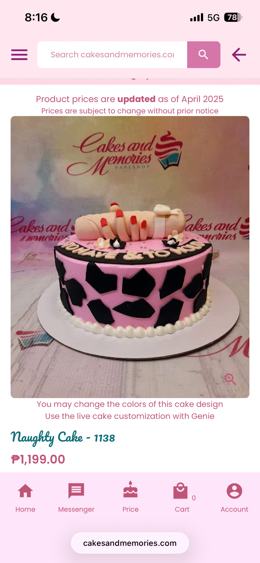 Pink naughty bachelorette cake with a 3D fondant hand and phallic figure, black cow print patterns, and white icing border.