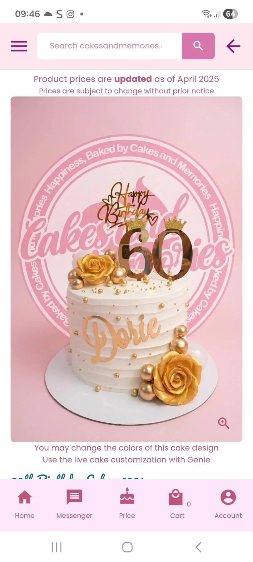 Elegant white 1-tier 60th birthday cake with gold roses, gold spheres, and a personalized name topper.